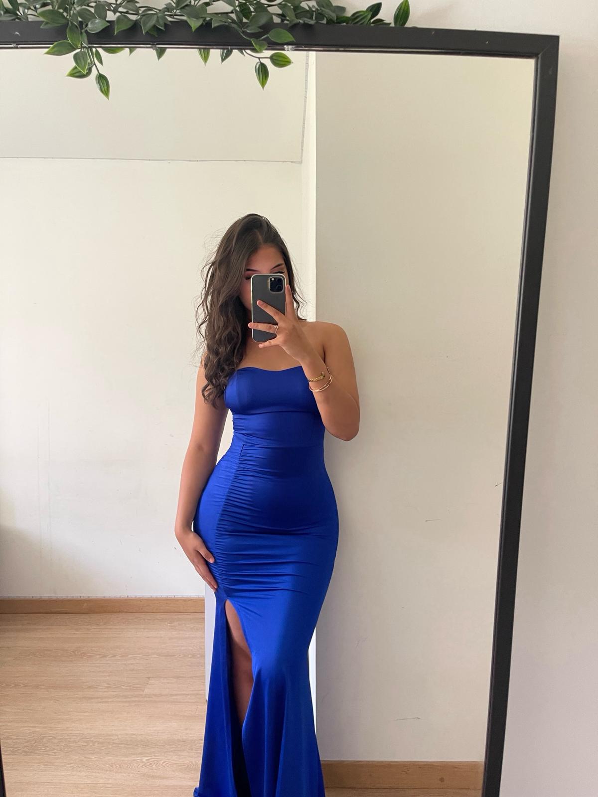 Robe longue bandeau avec fente bleue