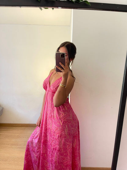 Robe longue bohème à bretelles rose