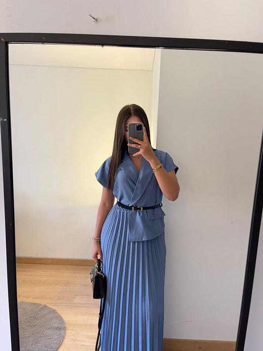 Robe portefeuille longue plissée bleue