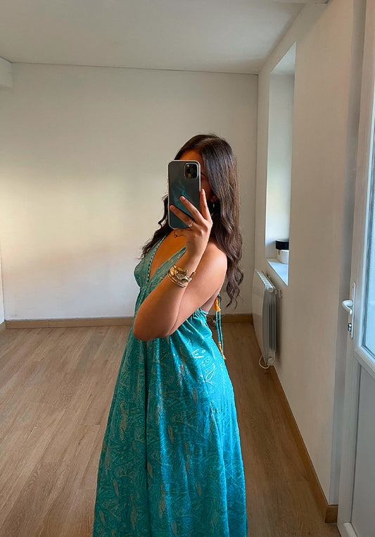 Robe longue bohème à bretelles bleue
